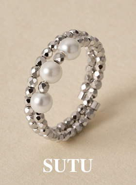 素图蕾丝弹力珍珠戒指925银极简轻奢高级感食指戒气质百搭指环女