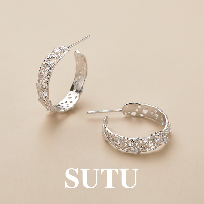 素图蕾丝耳钉925银小众精致耳圈