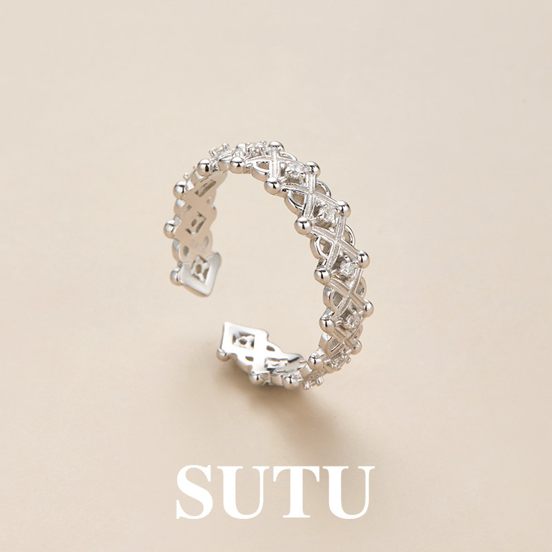 素图戒指菱格纹925银精致新中式设计开口食指中指戒轻奢高级指环