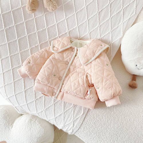 小孩加绒棉服宝宝小棉袄2025冬季新女童加绒保暖洋气棉衣外套无帽