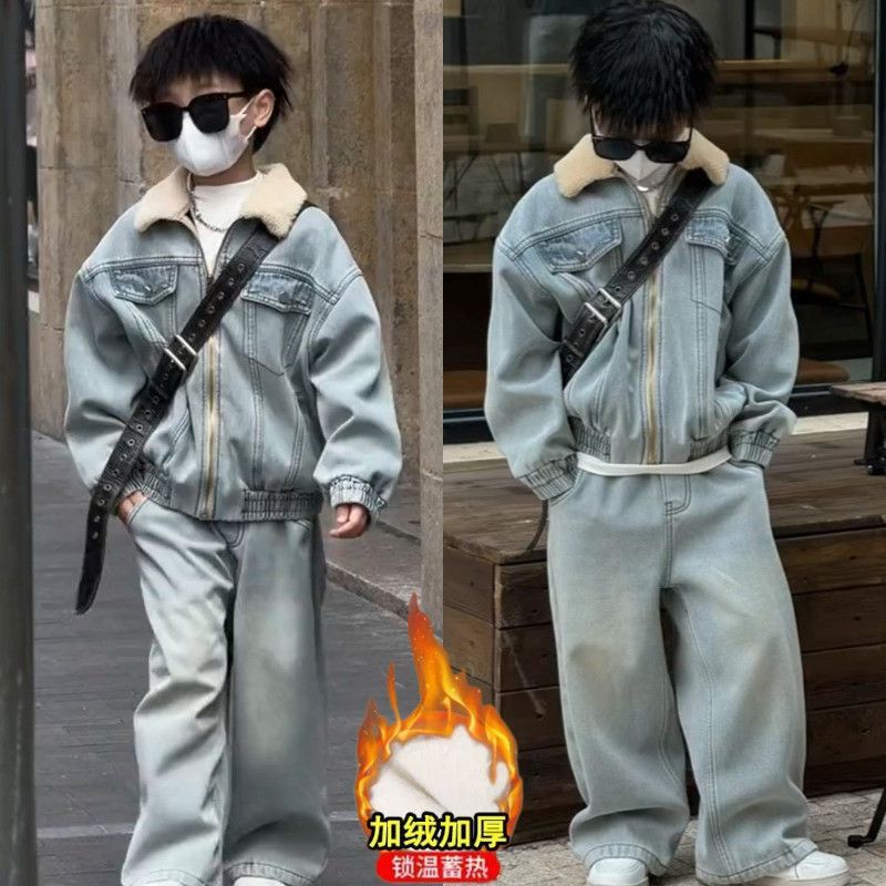 男女童加绒牛仔套装2025冬季新款洋气中大童加厚外套长裤两件套