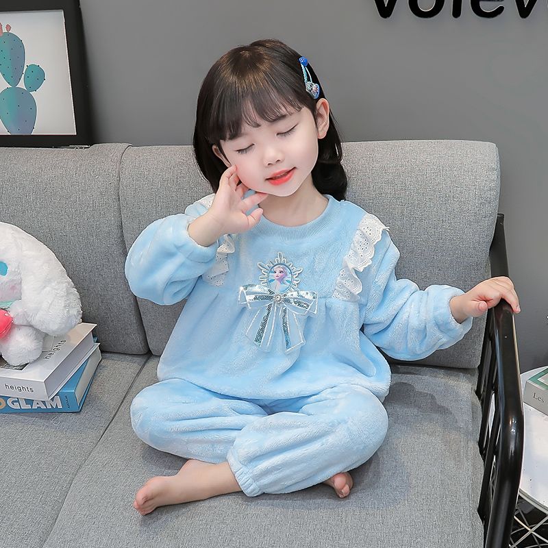 爱莎公主女童法兰绒睡衣套装秋冬款珊瑚绒儿童洋气加厚冬季家居服
