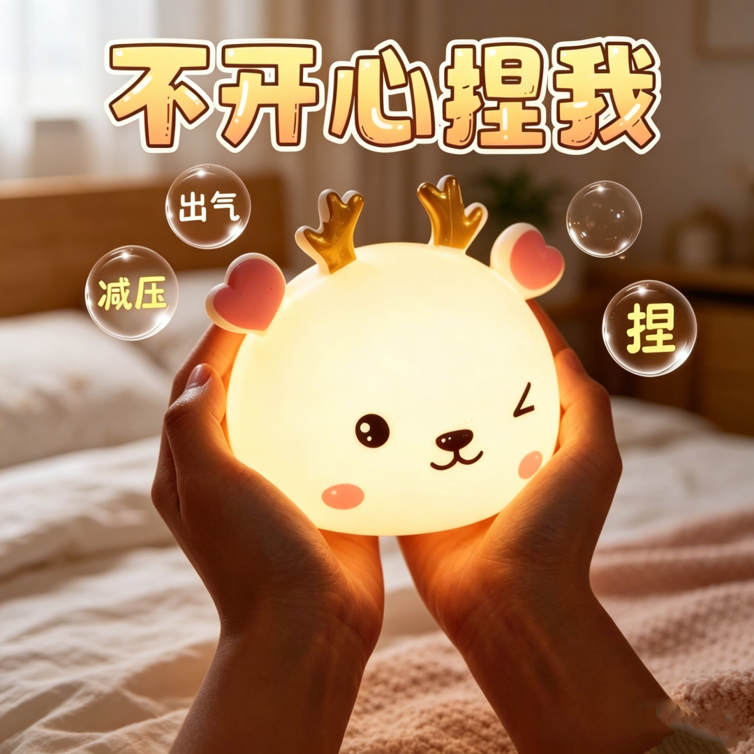 鹿角呼噜猫小夜灯玩具矽胶拍拍灯儿童卧室减压USB充电护眼伴睡灯