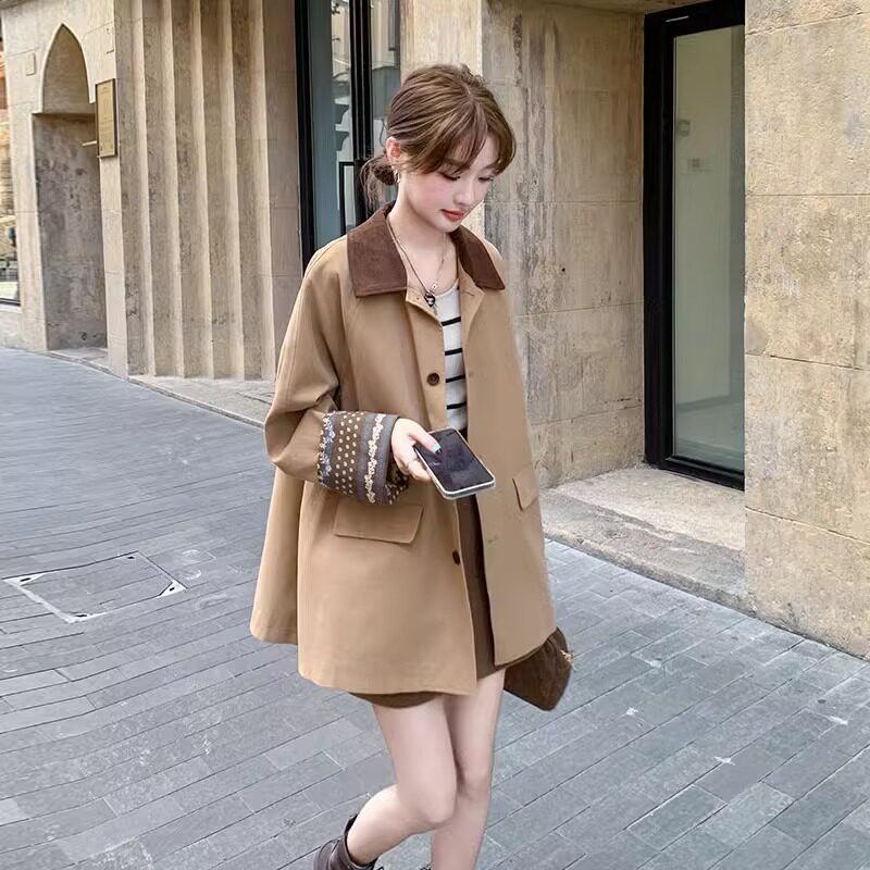 实拍驼色休闲流行风衣女中长小个子早秋装高级感外套拼色新款上衣