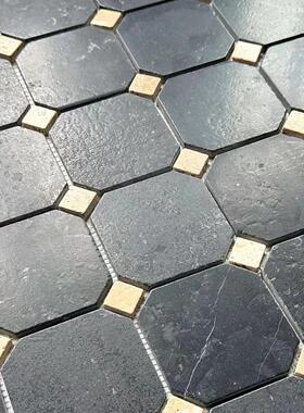 Asttile黑色复古八角天然莱姆石石材马赛克厨房浴室阳台花园地面