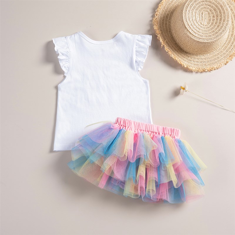 网红Toddler Girls Unicorn Clothes Sets Fly Sleeve Tees+tutu