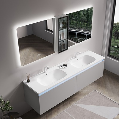 现代简约可丽耐一体双盆浴室柜卫生间洗脸洗漱洗手台盆柜浴室镜柜