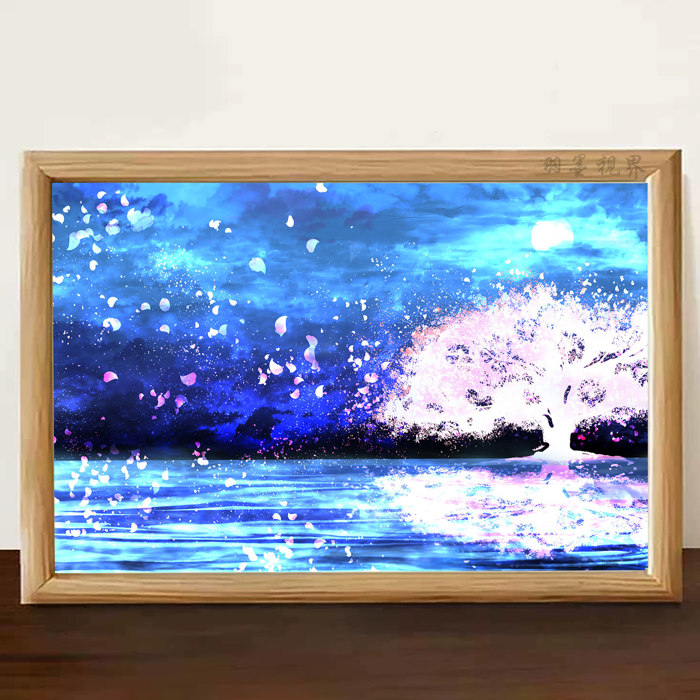 月夜湖面樱花纷飞动漫插画相框桌面摆件卧室书房书桌纪念小摆台