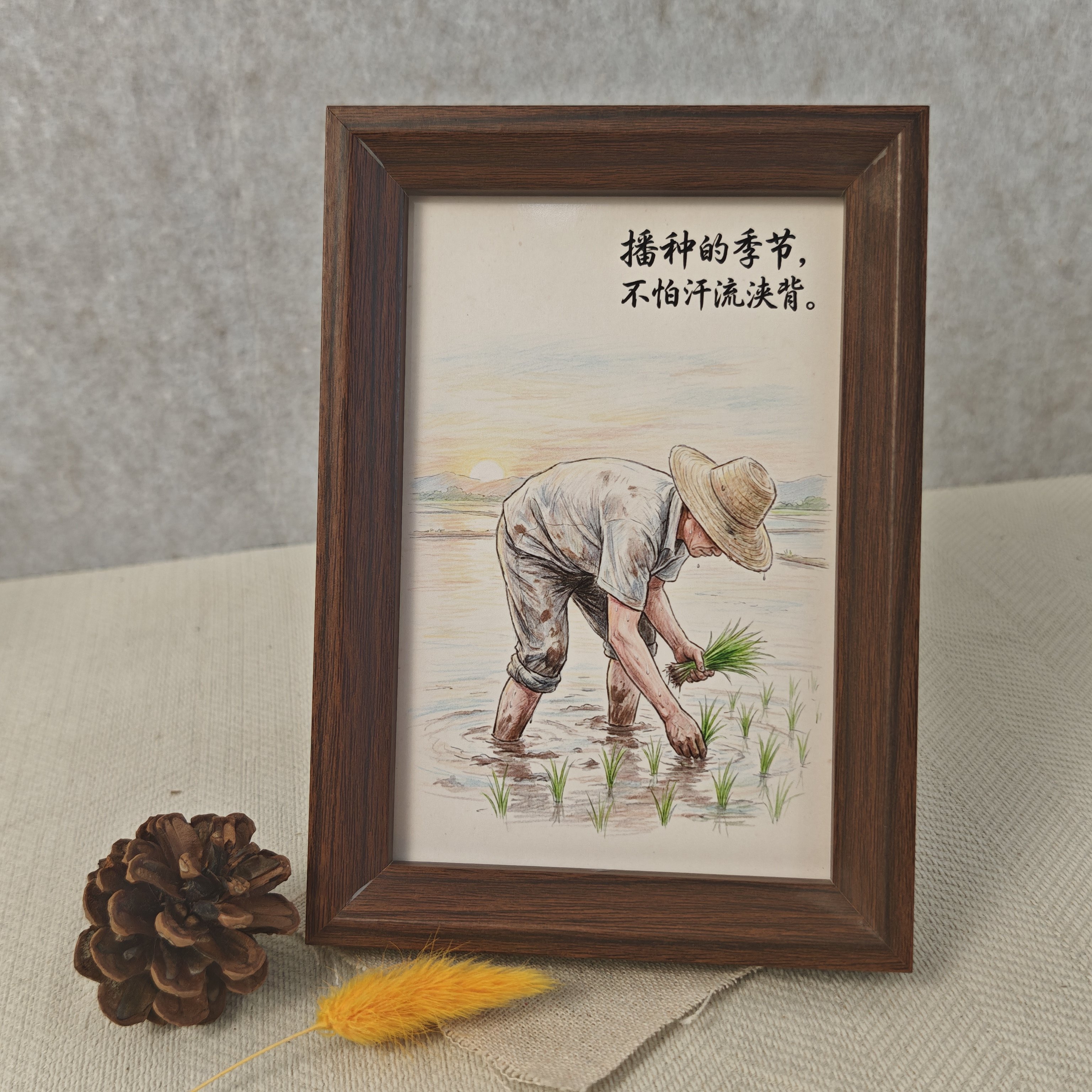 农民插秧插画相框摆件 播种的季节不怕汗流浃背桌面氛围感装饰
