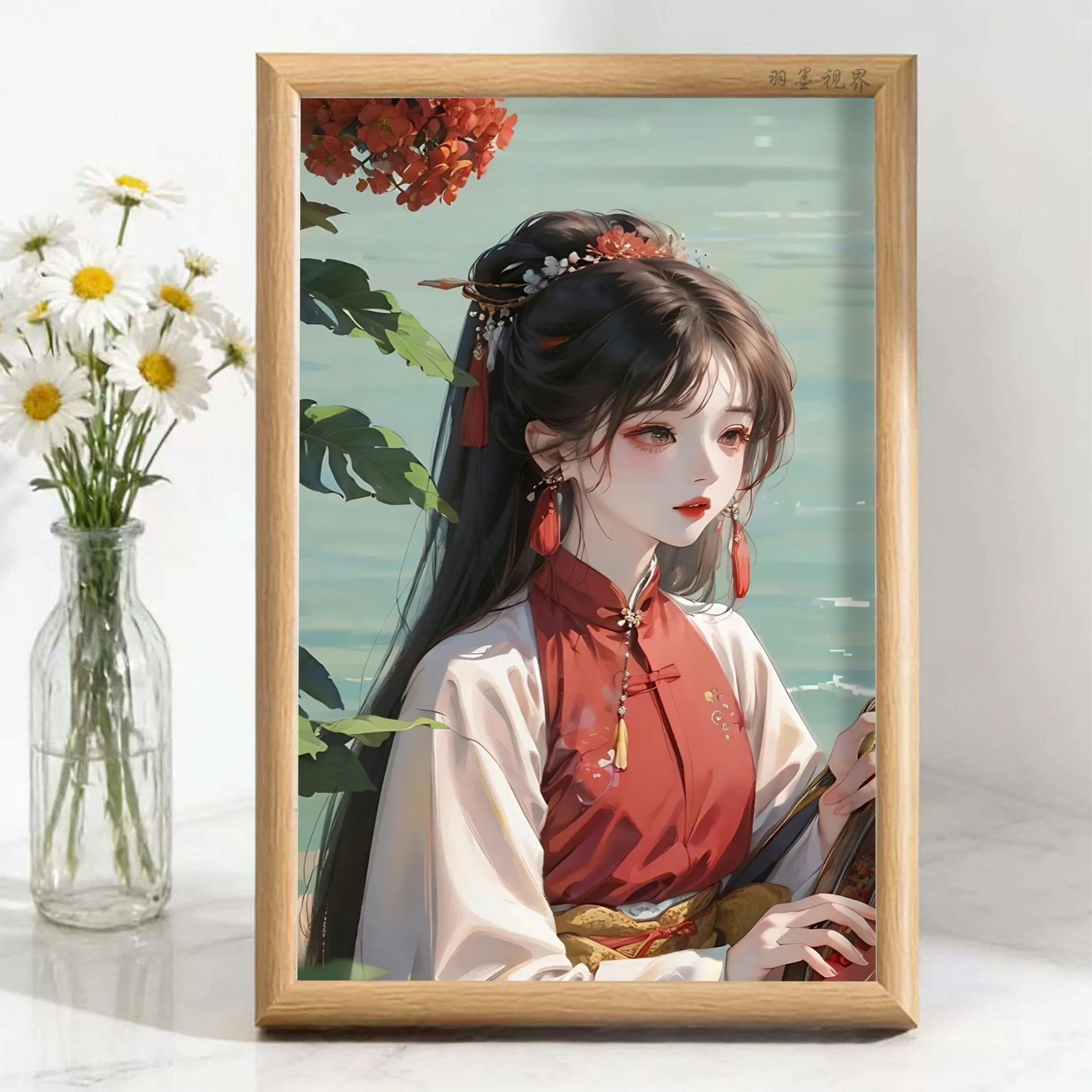 临水红领汉服抚琴仕女相框摆件红花碧水古风美人摆画桌面送礼好物
