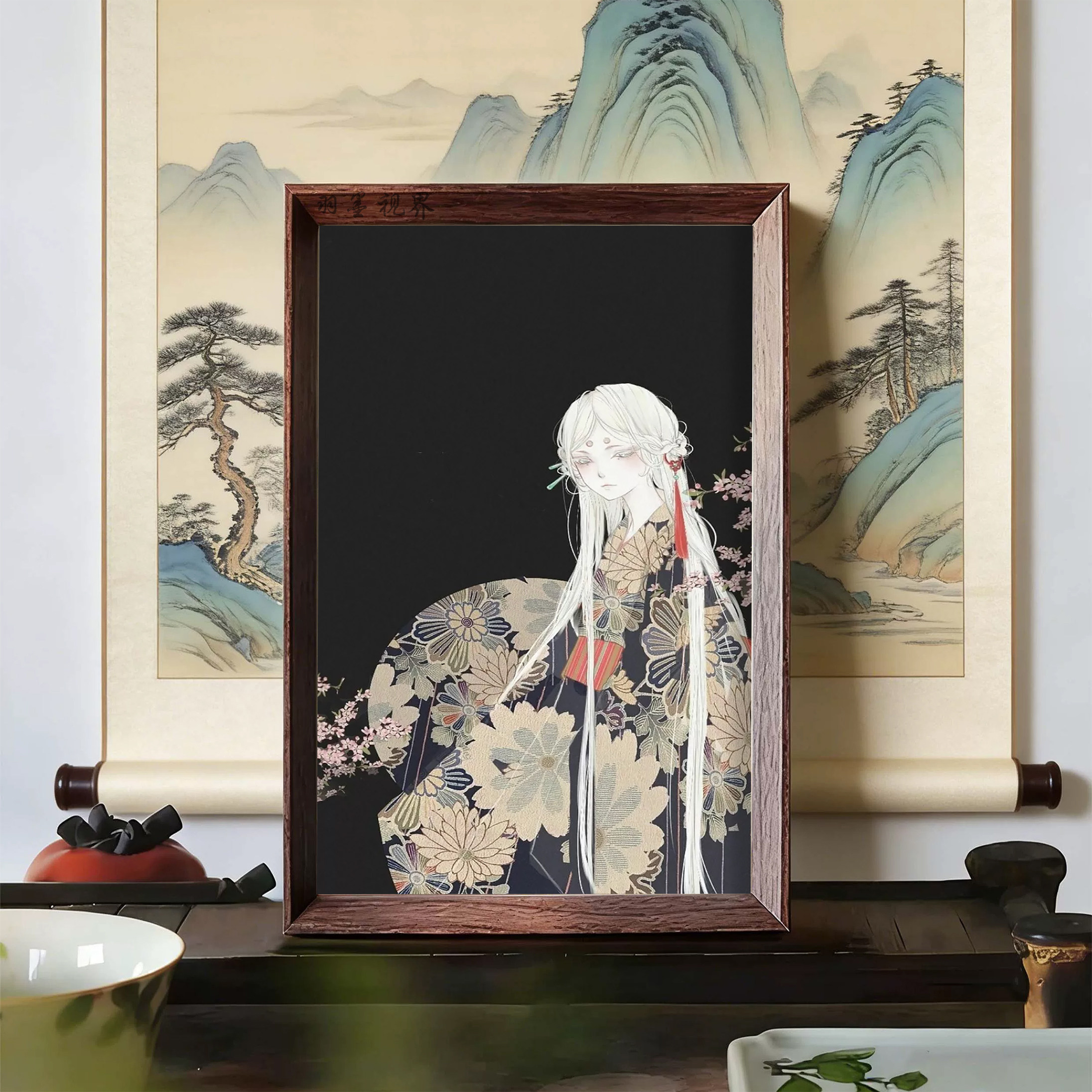 浮世绘和风白发美人花卉新中式黑底樱花人物玄关卧室艺术装饰画