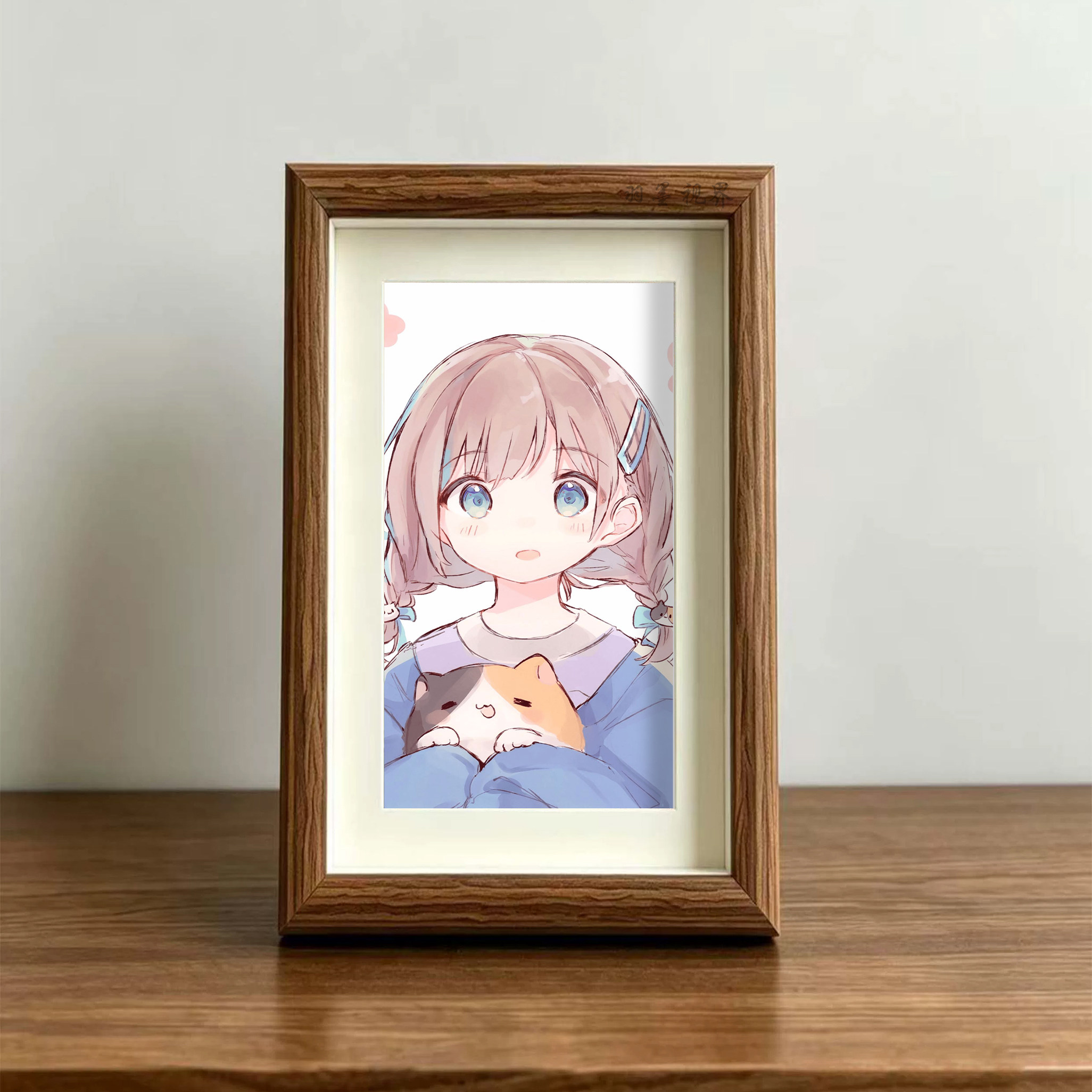 软萌少女抱猫动漫插画相框摆台桌面卧室房间装饰摆件治愈照片
