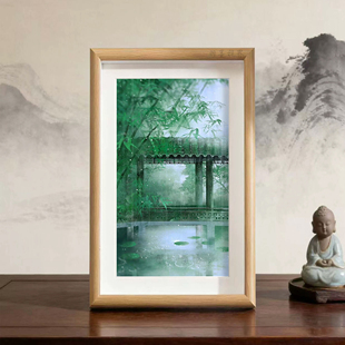 唯美竹林雨景亭台古风插画相框小众氛围感桌面装饰摆件
