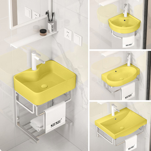 黄色洗漱盆陶瓷三角洗手盆挂墙式简易洗脸盆小户型卫生间面盆阳台