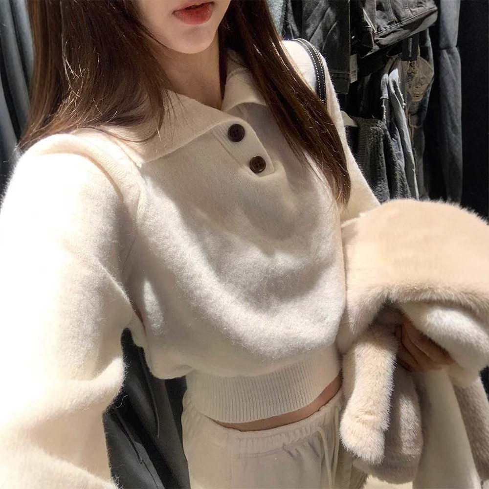 高级感翻领套头毛衣女秋冬内搭宽松慵懒风软糯减龄针织衫打底上衣