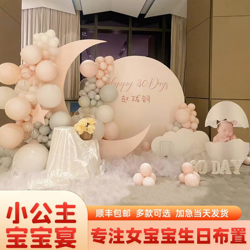 女宝宝婴儿生日装饰粉色主题场景布置百日满月一周岁宴气球kt板