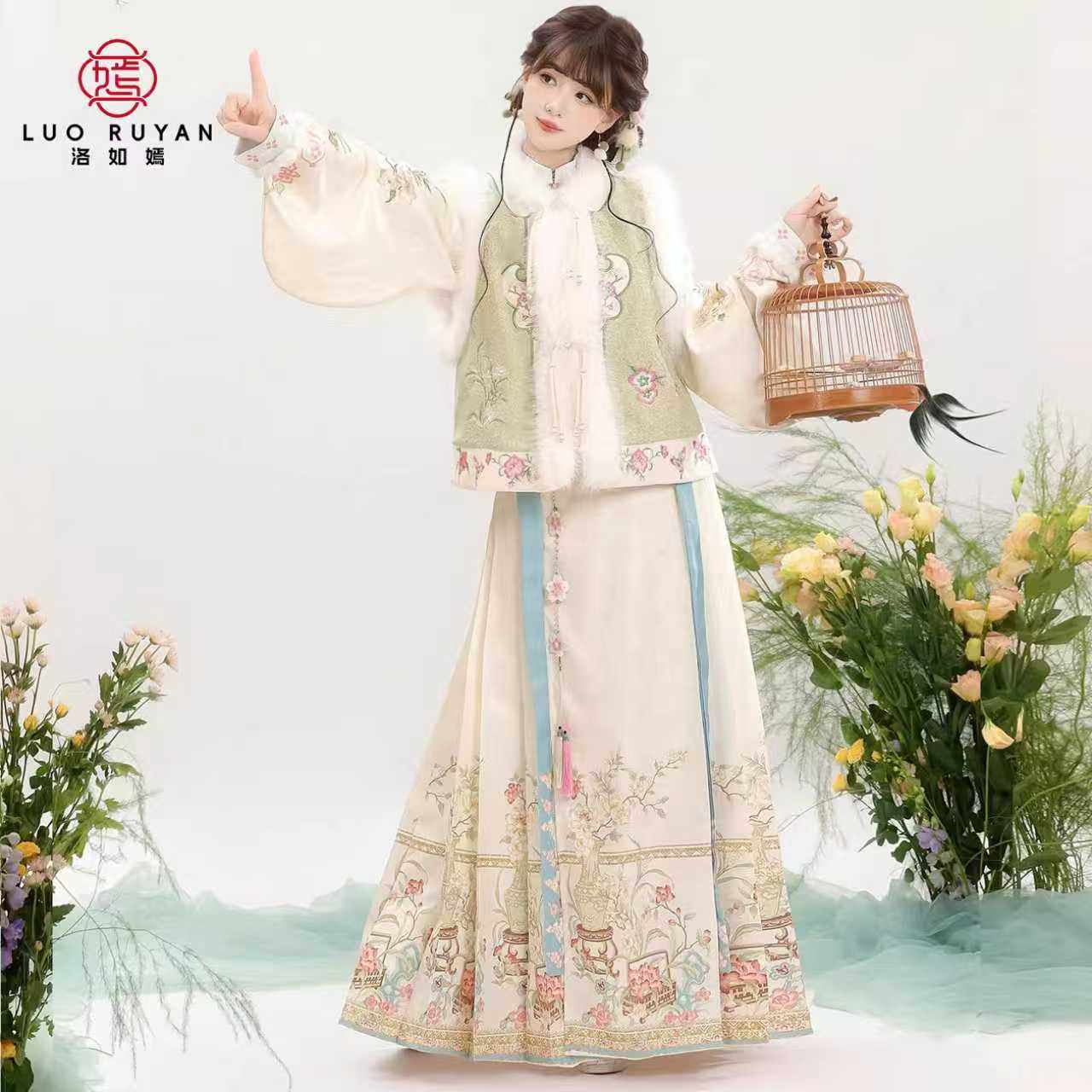洛如嫣原创设计【绒枝双花】冬季加绒明制汉服对襟比甲马面裙套装,女装/女士精品,汉服套装,淘宝优惠券,粉丝福利购,淘宝优惠卷