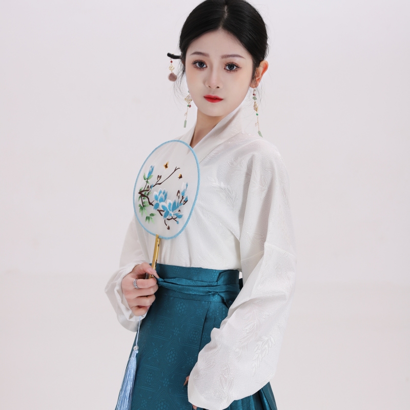 洛如嫣汉服飞机袖提花交叉领上衣