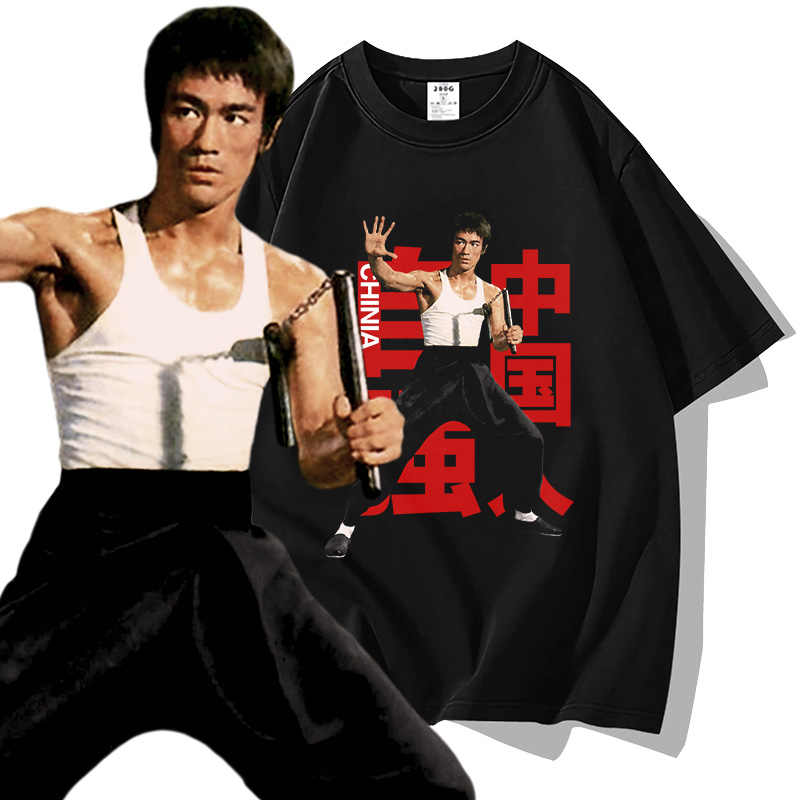 龙年BruceLee李小龙人像短袖t恤印花休闲圆领半袖男复古国潮衣服