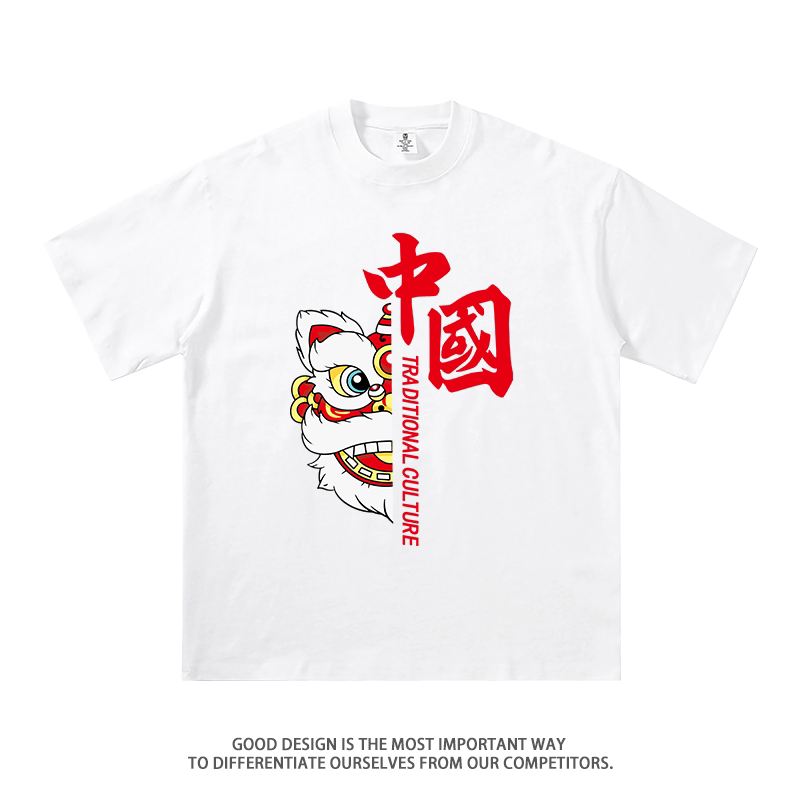 中国风国潮醒狮短袖纯棉狮子头重磅t恤大码男女半截袖夏季ins潮牌