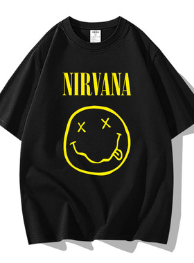 笑脸吐舌头图案短袖欧美nirvana涅槃乐队摇滚高街简约风男女情侣