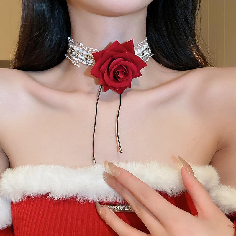 SEVER少女： 纯欲蕾丝颈带红色玫瑰花项链女轻奢颈链高级感choker