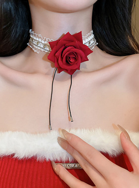 SEVER少女： 纯欲蕾丝颈带红色玫瑰花项链女轻奢颈链高级感choker