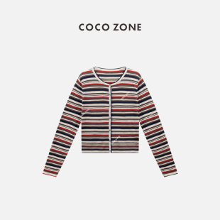 ZONE 圆领开衫 刘一一撞色条纹长袖 时尚 上衣CC1B1487 针织衫 COCO