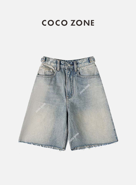 COCO ZONE 刘11 通勤风高腰直筒牛仔短裤裤脚毛边设计 23C18689