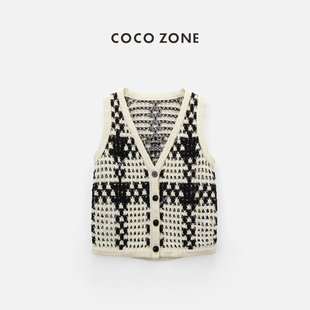 COCO ZONE 刘11 2025夏黑栗子镂空设计无袖针织马夹排扣上衣女