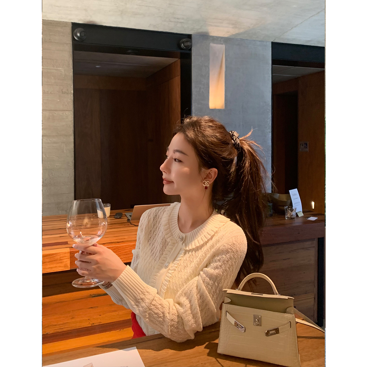 COCO ZONE 刘一一“塔拉酒庄”小香风花边单排扣针织开衫CD1A0124