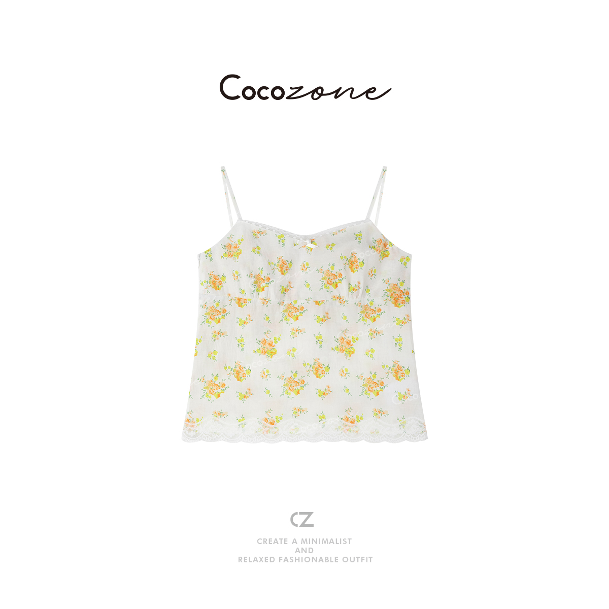 COCO ZONE刘一一 【亚麻棉】定位印花蕾丝拼接吊带背心CD1A0250