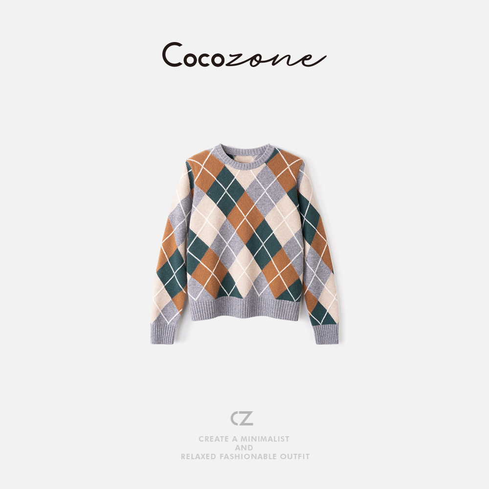 COCOZONE刘一一 菱格毛衣2025秋季新款100绵羊毛圆领针织衫上衣女