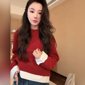 ZONE 刘一一 新年红色假两件设计套头休闲针织衫 COCO 冬 CC1D2758