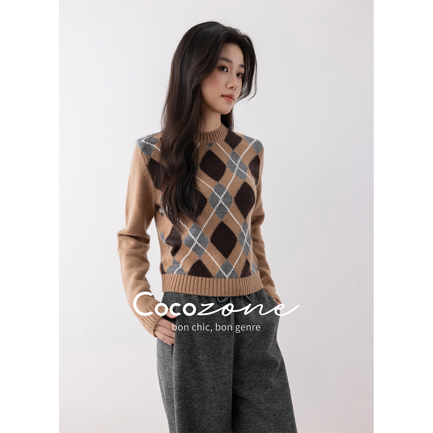 COCO ZONE 刘11 几何毛衣100绵羊毛菱形拼接时尚百搭羊毛衫女款