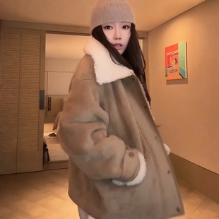 小火炉 刘11 100绵羊毛复古翻领麂皮羊羔毛外套女 ZONE COCO