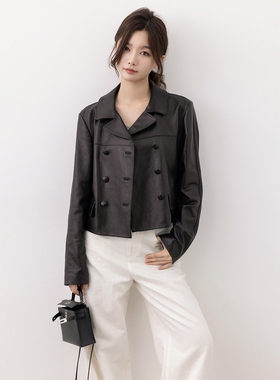 COCO ZONE 刘11  “双排扣皮衣”层次自然纹路皮衣外套CD2A1358