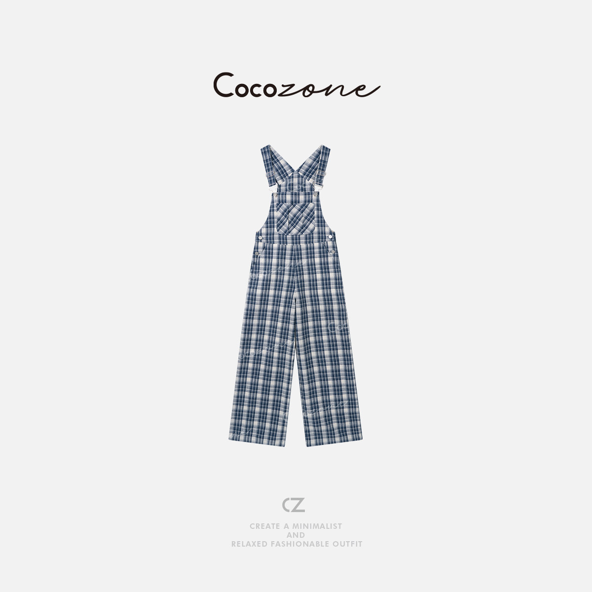COCO ZONE 刘11 复古俏皮立体格纹阔腿遮肉V领背带裤CD2A1108