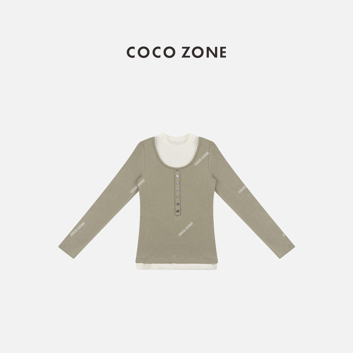 COCO ZONE 刘112025早春设计感撞色假两件圆领长袖T恤女上衣
