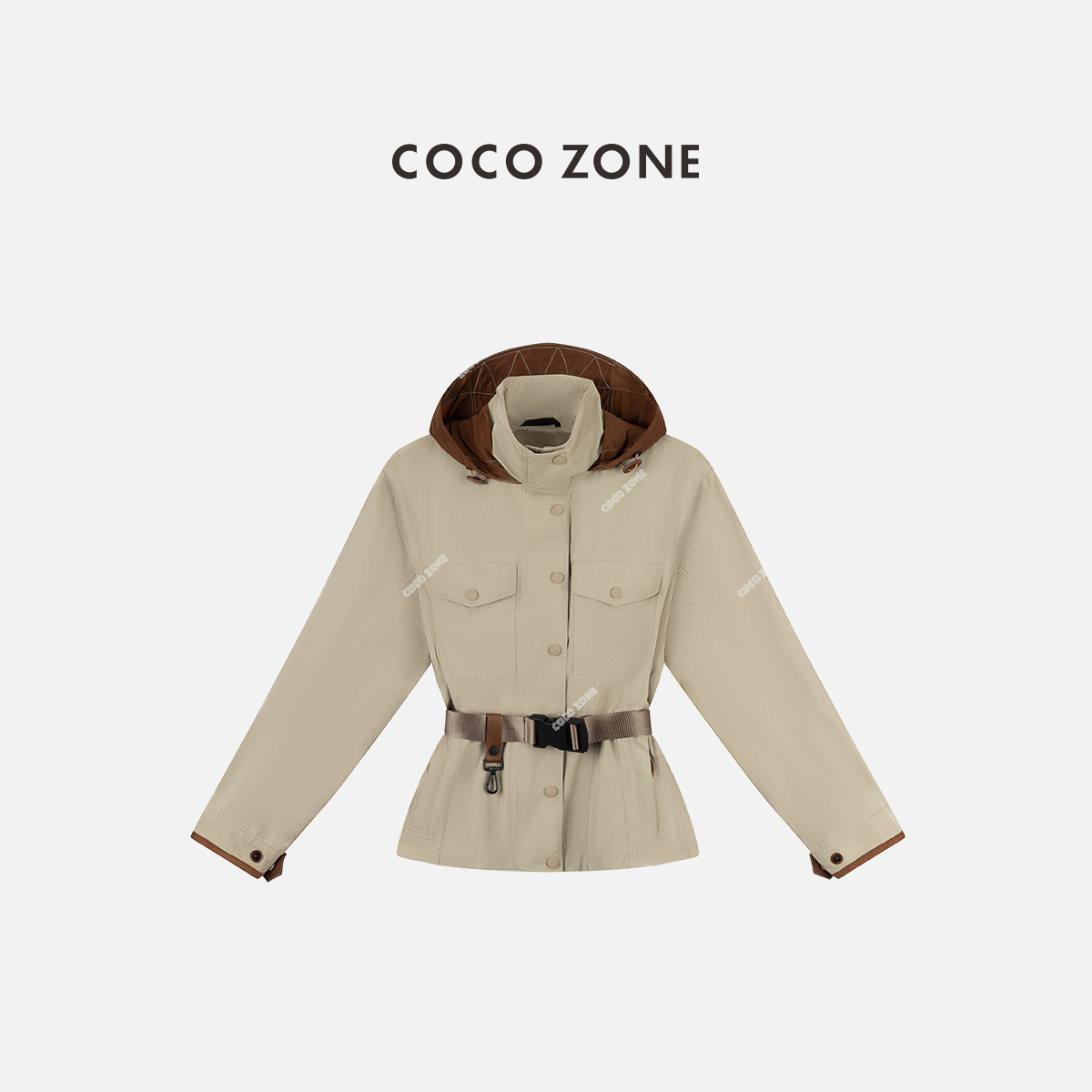 COCO ZONE 刘11春季复古撞色拼接连帽外套百搭长袖女休闲上衣