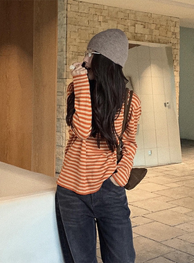 COCO ZONE 刘11 橘子晚霞2025秋季新款圆领撞色条纹长袖T恤上衣