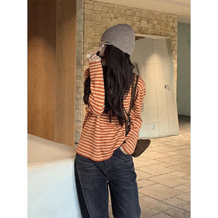 ZONE 圆领撞色条纹长袖 刘11 新款 T恤上衣 橘子晚霞2025秋季 COCO