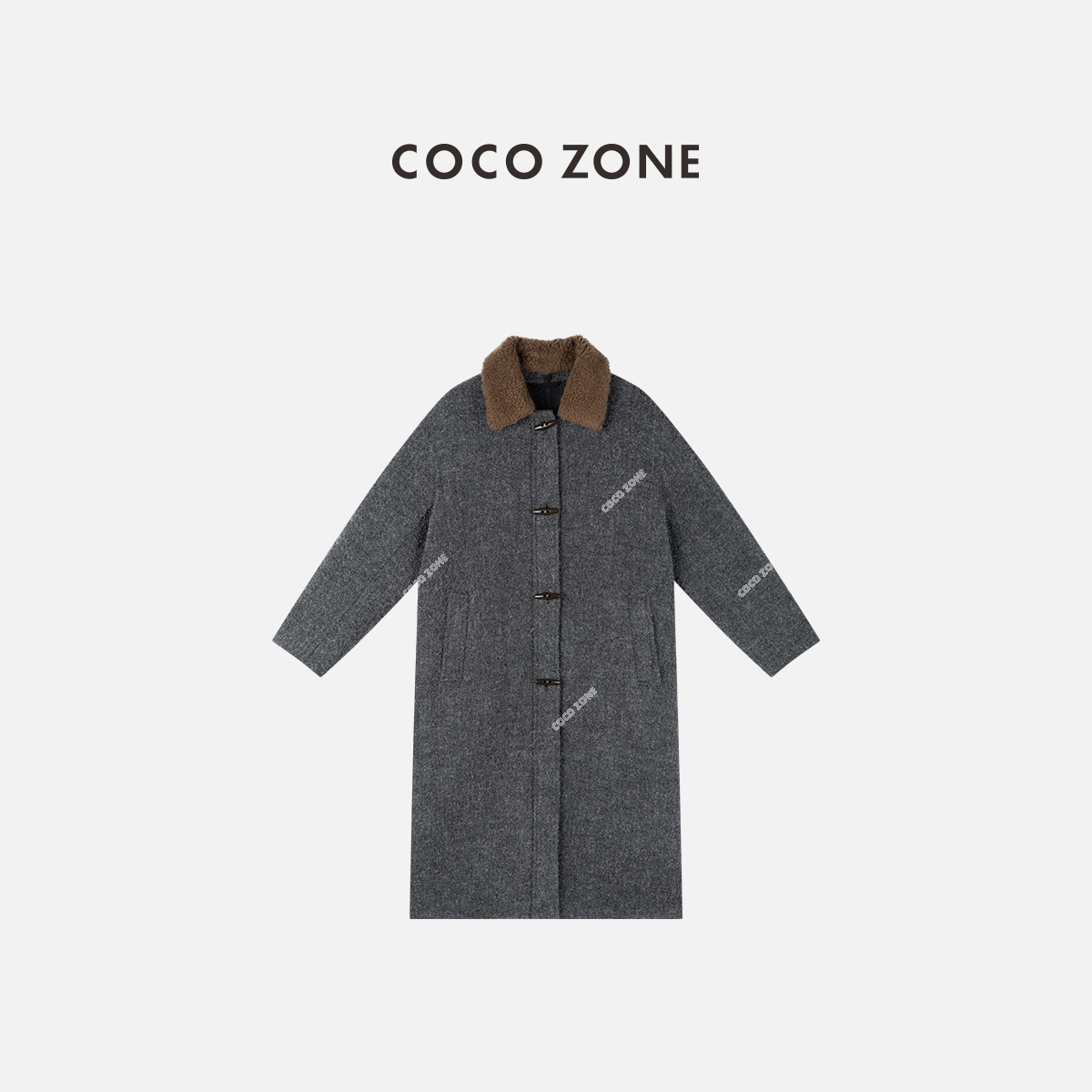 COCOZONE 刘11 绵羊毛马海毛牛角扣长款毛呢外套大衣女CC2D2658