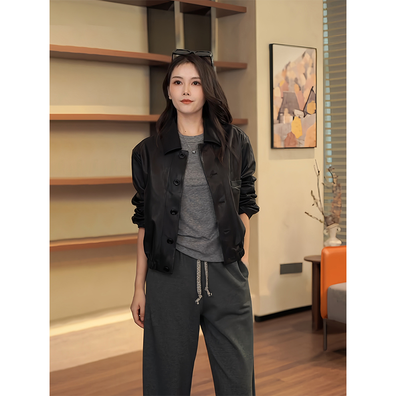 COCOZONE 刘一一纸皮皮衣2025秋装新款100羊皮革宽松垂感外套女装