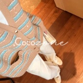 COCO CC1D2419 100绵羊毛条纹拼色V领单排扣针织开衫 ZONE 刘一一