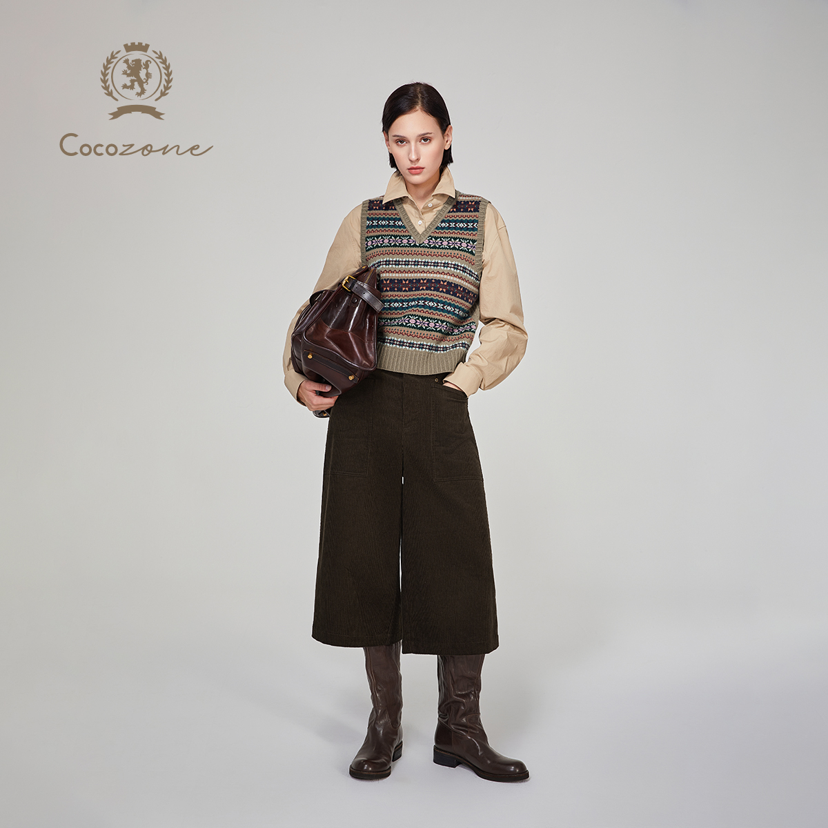 COCOZONE 刘112025早秋新款英伦学院撞色V领针织衫背心CC1C2253