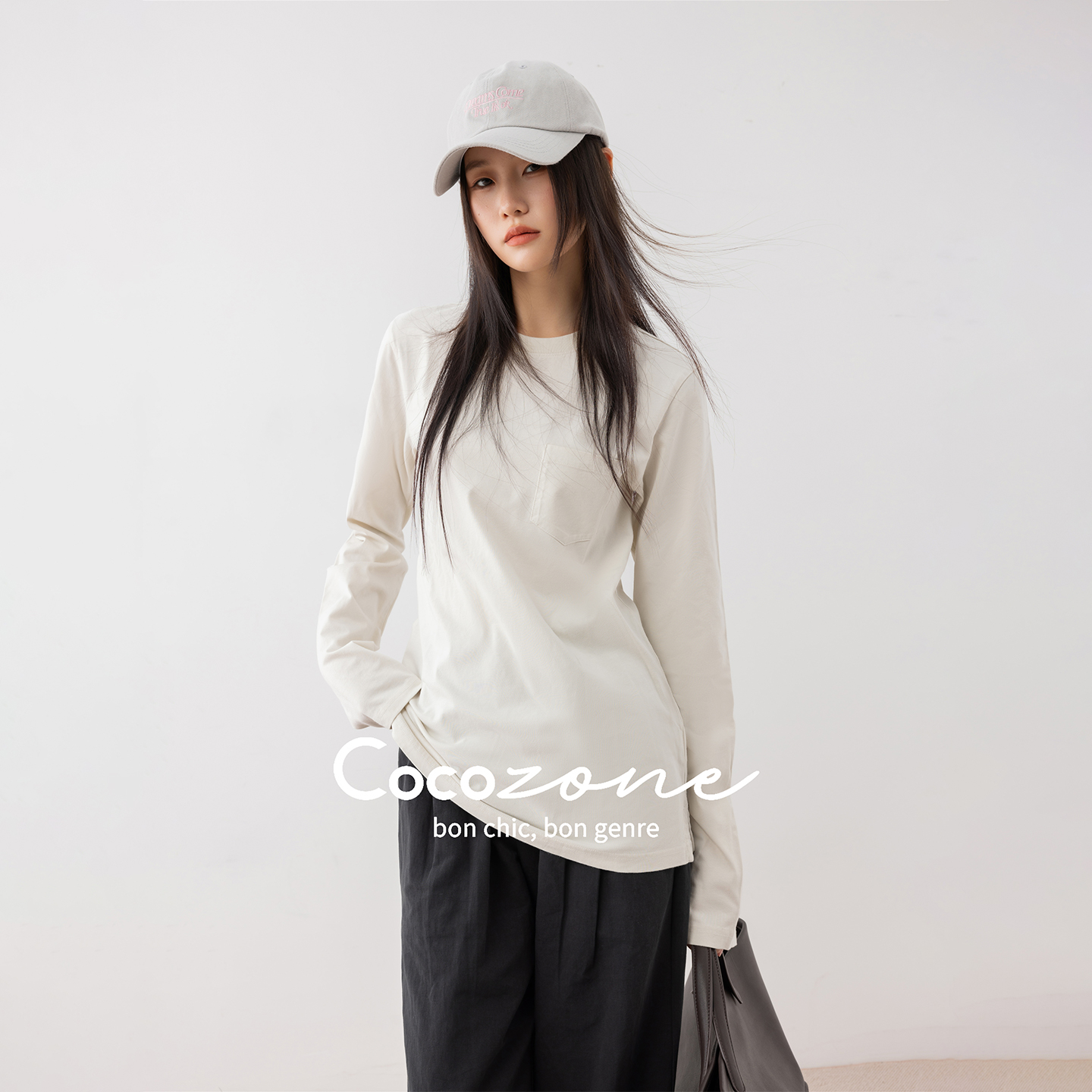 COCOZONE 刘一一 早秋100棉长袖T恤圆领休闲上衣打底衫女CC1C2309