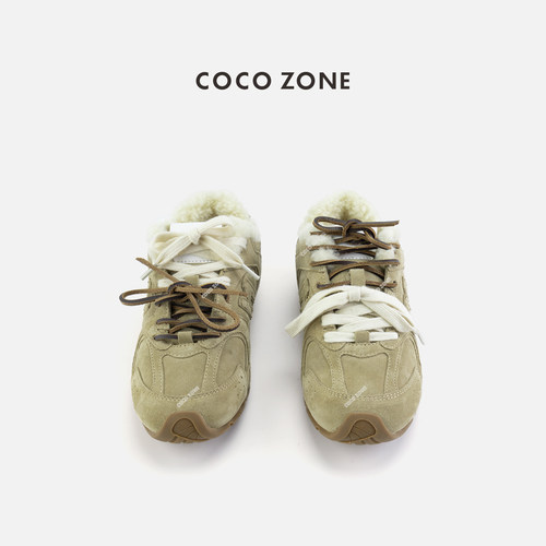 COCO ZONE 刘11 设计感系带加绒休闲鞋复古拼色德训鞋CC2D2372