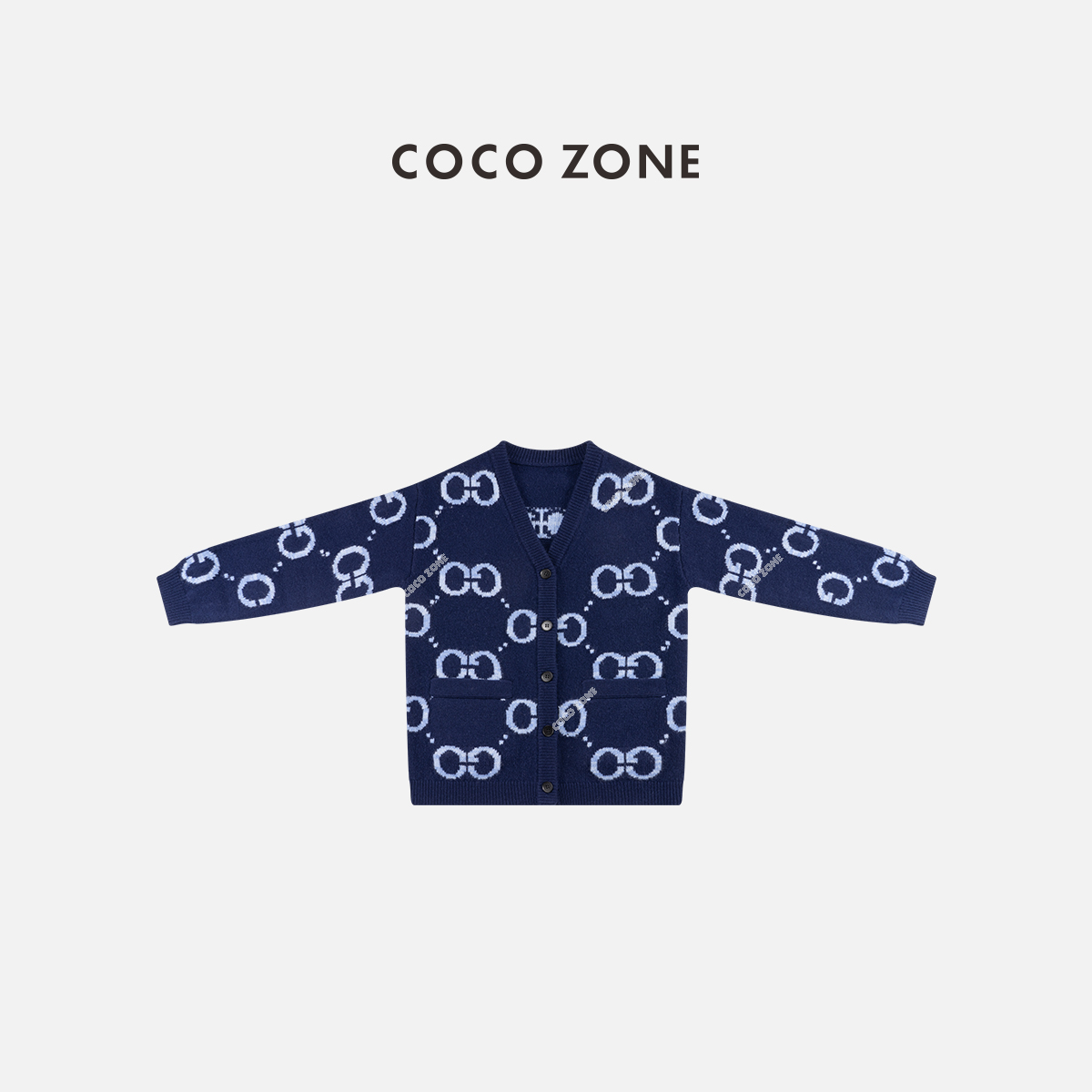 COCO ZONE 刘一一春季100绵羊毛撞色字母提花V领针织衫女CC1D2641