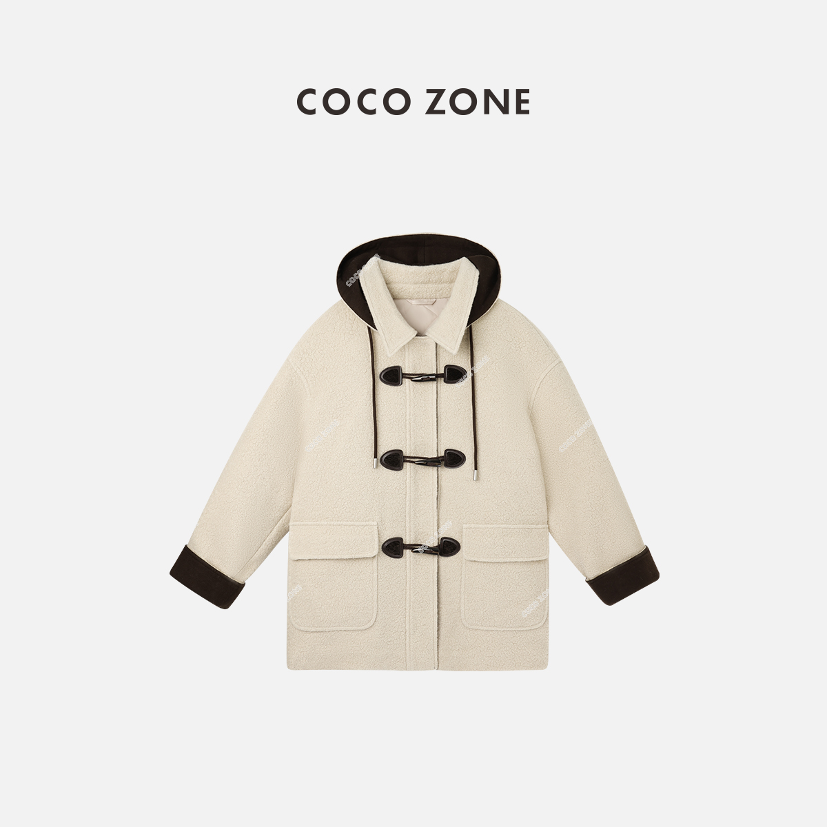 刘11&COCO ZONE高级感撞色羊毛大衣冬季连帽毛呢外套女气质外套